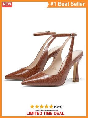 Pointed Toe Slingback Stiletto Pumps Ankle Strap Faux Leather Heels